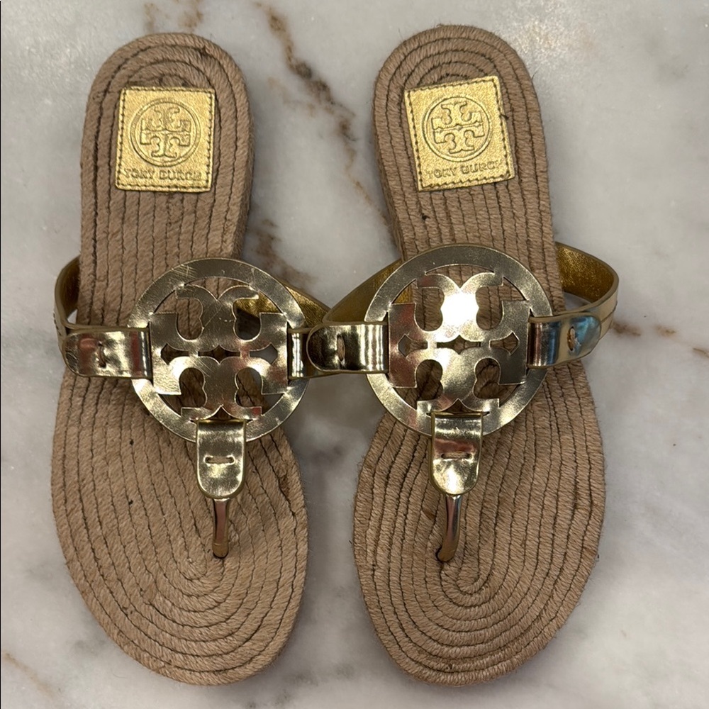 Tory Burch Metallic Gold and Beige Sandals